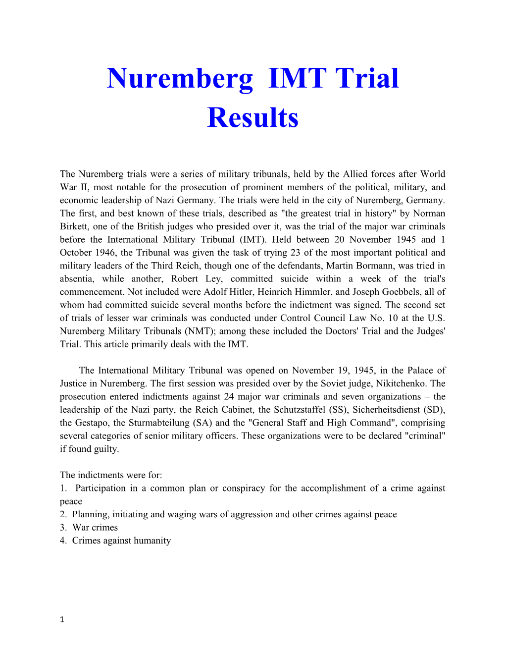 Nuremberg IMT Trial Results