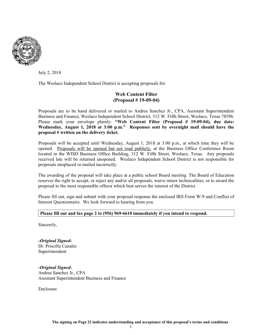 The Weslaco Independent School District Is Accepting Proposals For