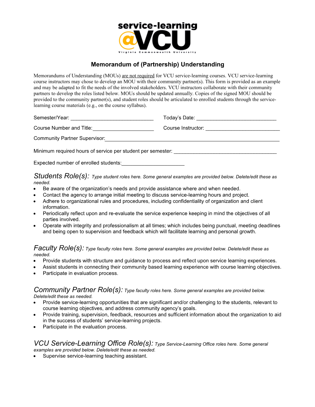 VCU Service-Learning Course MOU Template