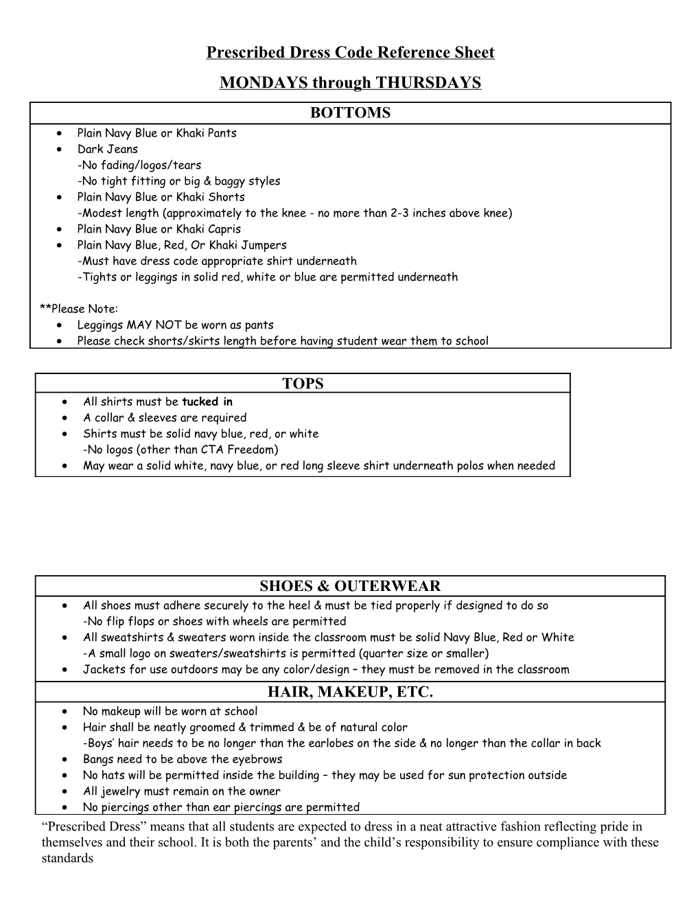 Prescribed Dress Code Reference Sheet