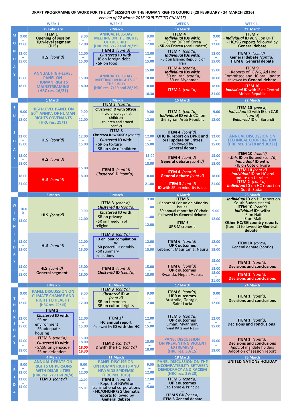 Programme of Work for the 31St Session of the Human Rights Council in English