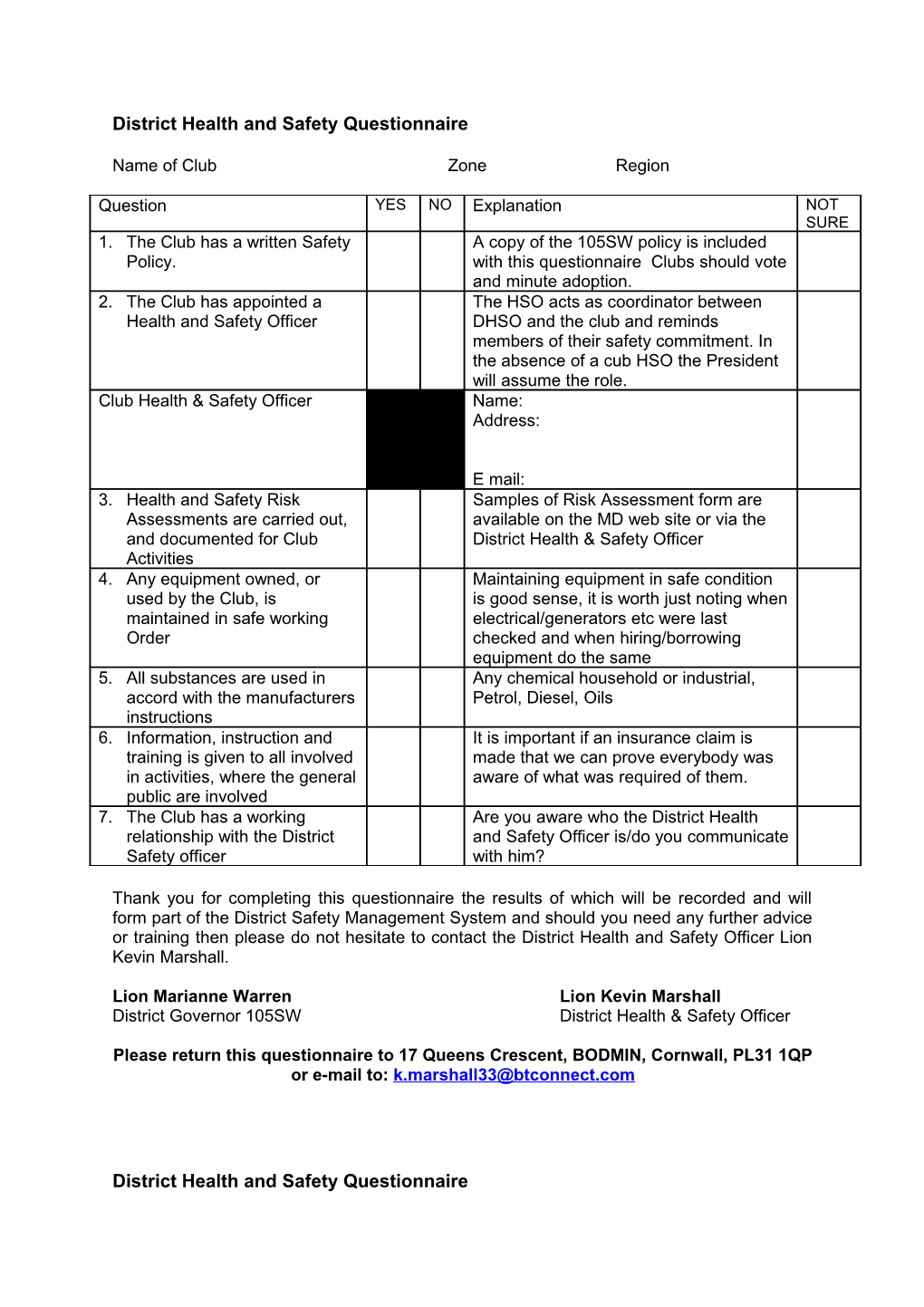 District Health and Safety Questionnaire