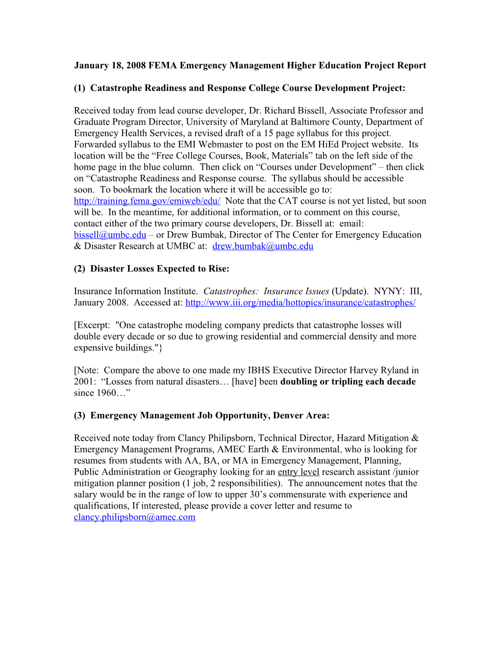 January 18, 2008 FEMA Emergency Management Higher Education Project Report