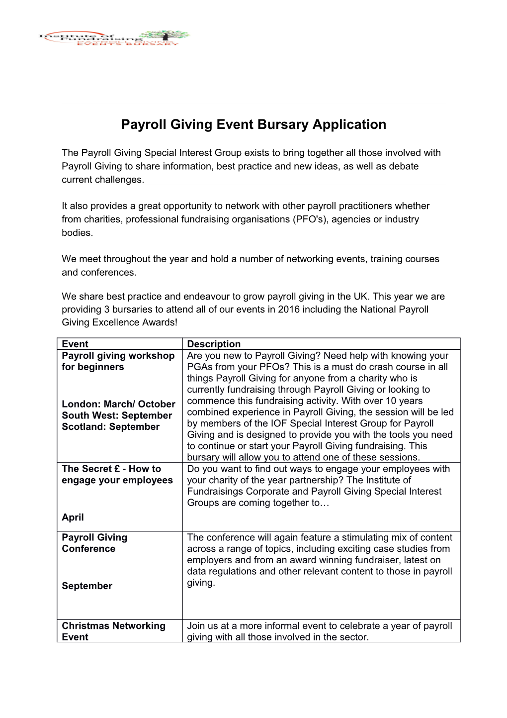 Payroll Giving Event Bursary Application