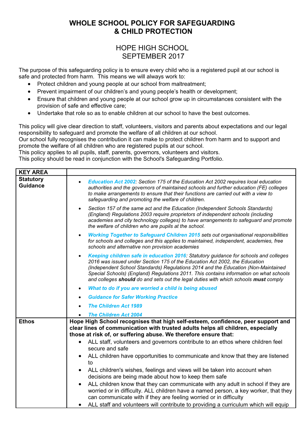 Whole School Policy for Safeguarding