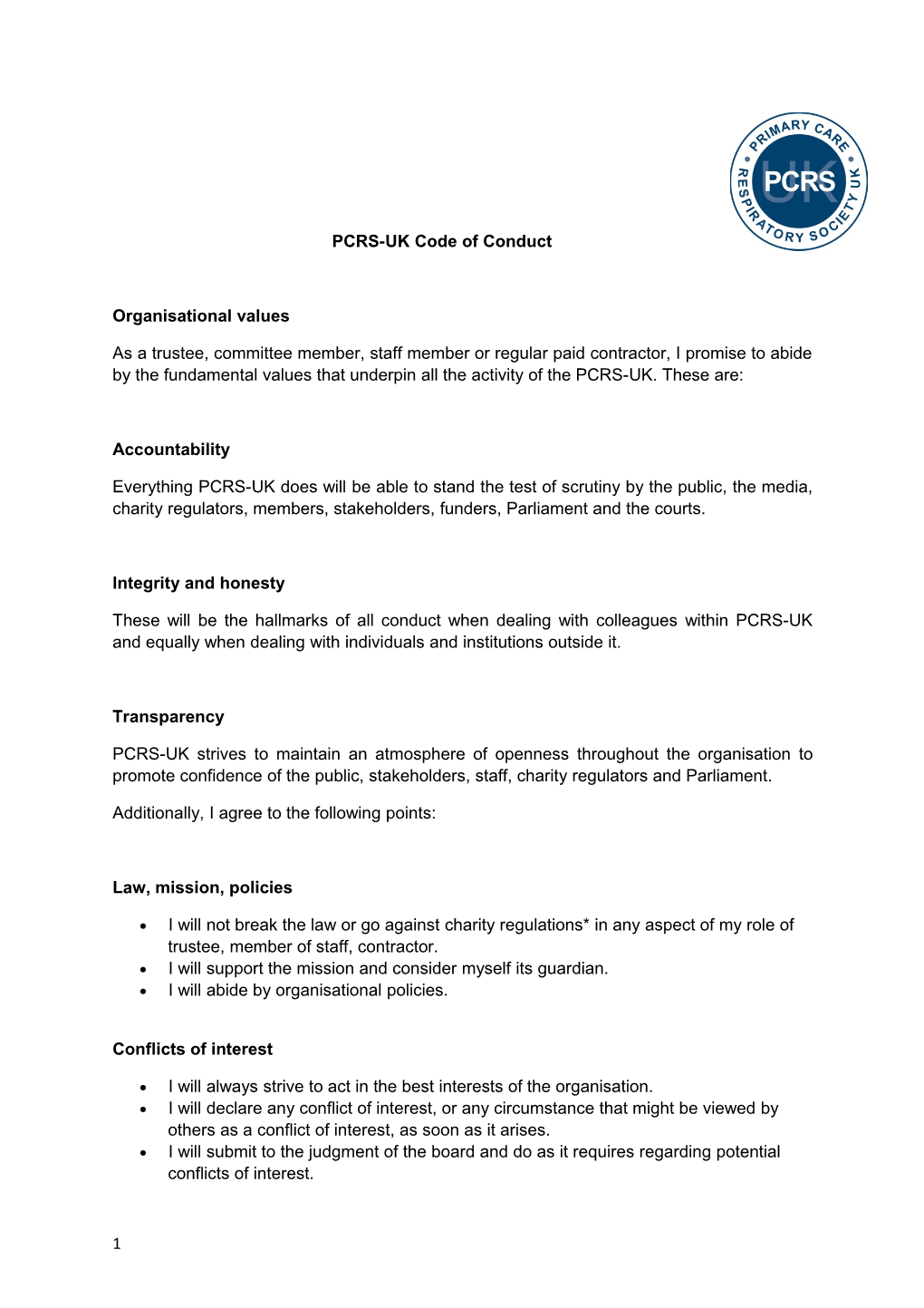 PCRS-UK Code of Conduct