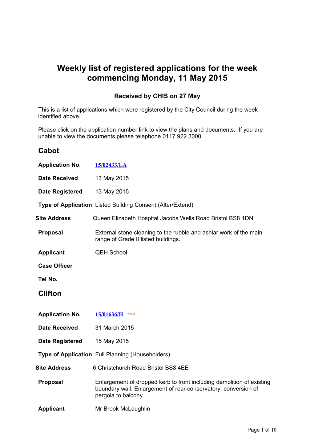 Weekly List of Registered Applications for the Week Commencing Monday, 11 May 2015