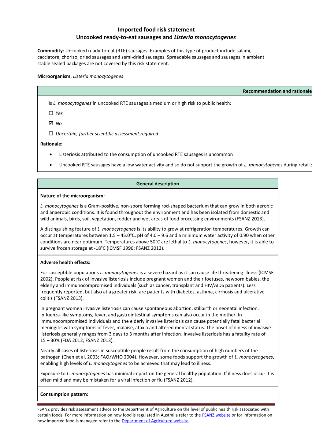 Uncooked Ready-To-Eat Sausages and Listeria Monocytogenes