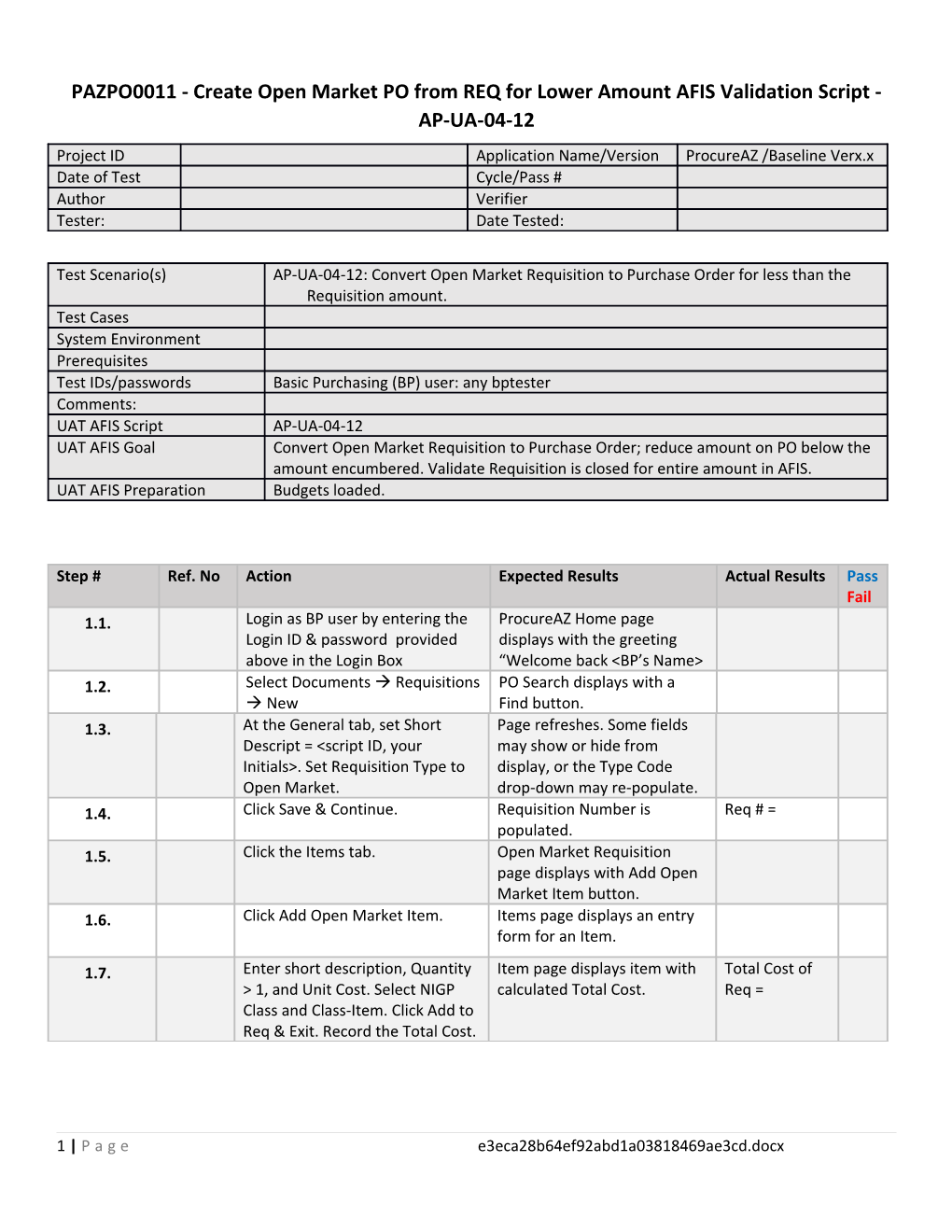 PAZPO0011 - Create Open Market PO from REQ for Lower Amount AFIS Validation Script