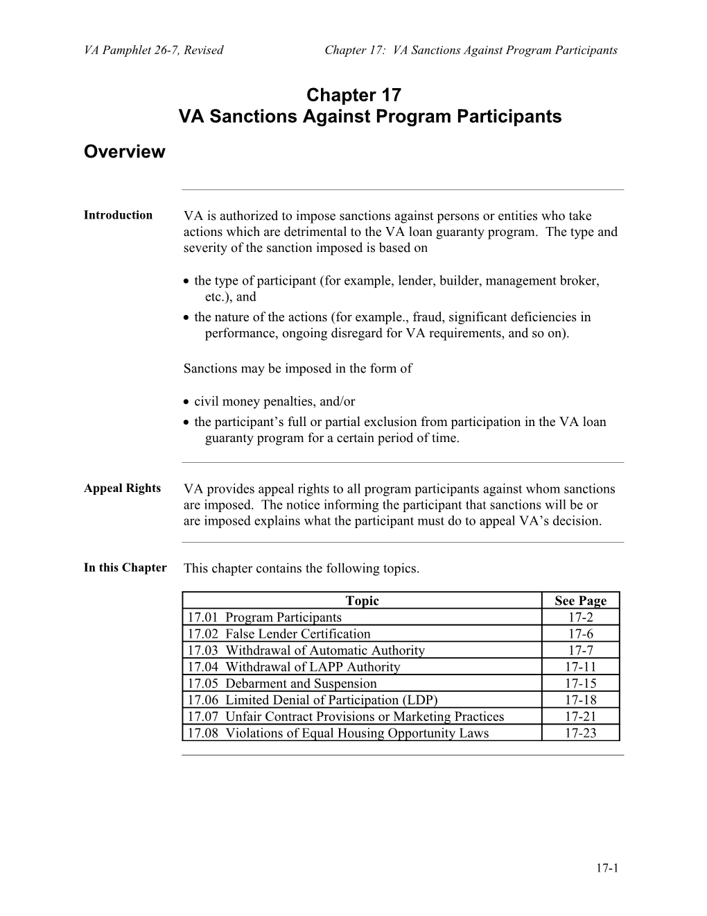 Chapter 17 VA Sanctions Against Program Participants