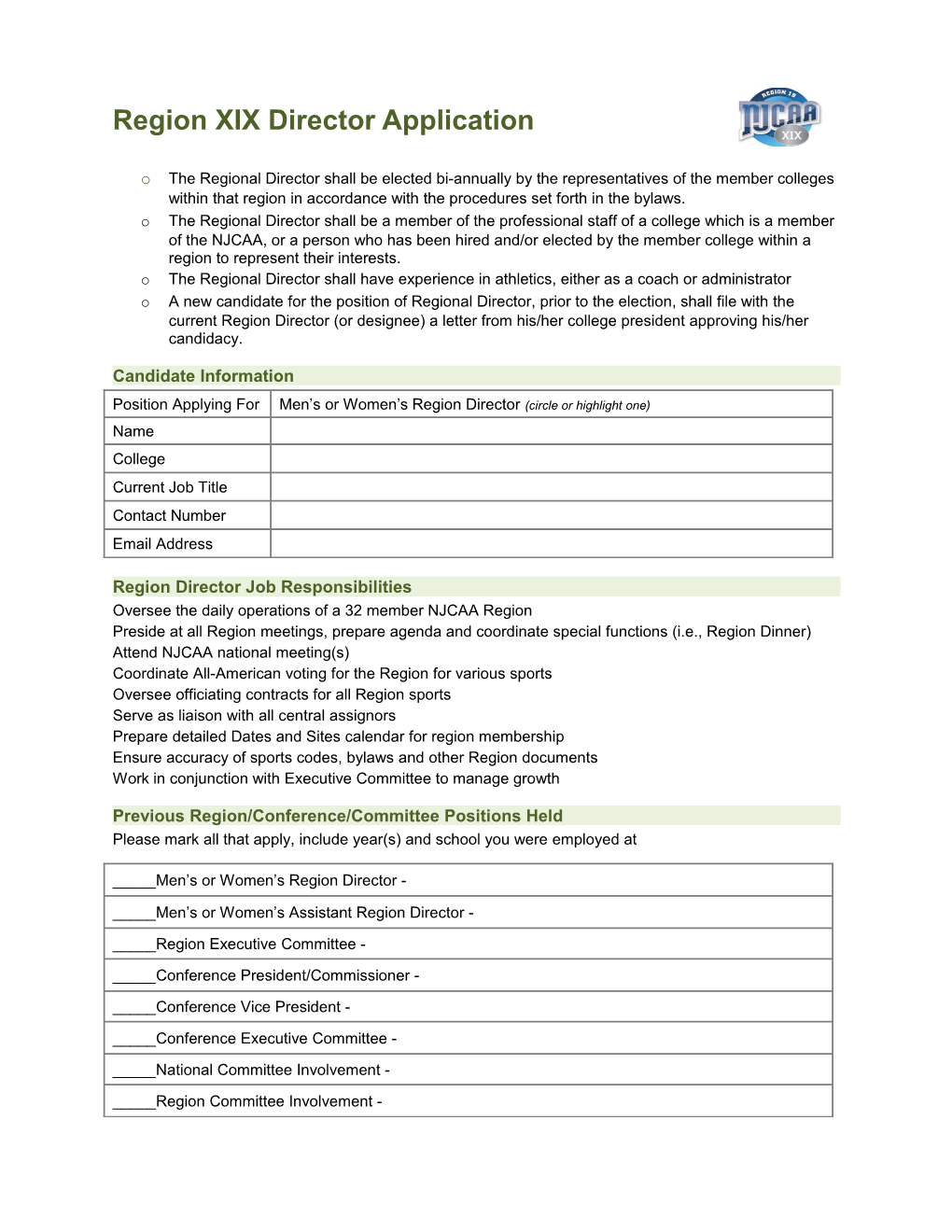 Region XIX Director Application