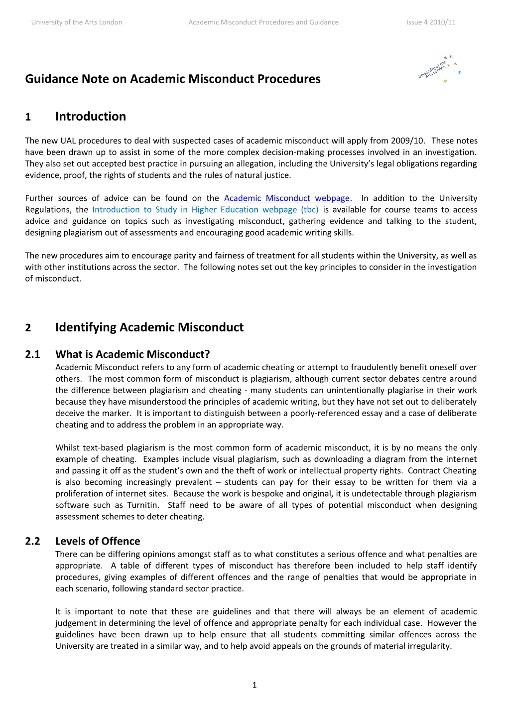 University of the Arts Londonacademic Misconduct Procedures and Guidanceissue 42010/11