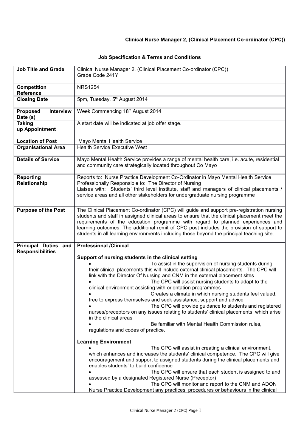 Clinical Nurse Manager 2, (Clinical Placement Co-Ordinator (CPC))