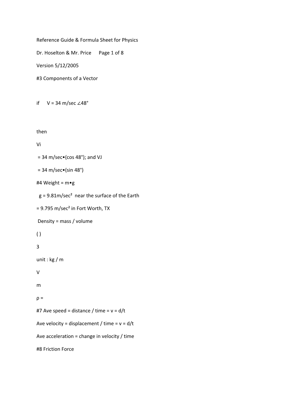 Reference Guide & Formula Sheet for Physics