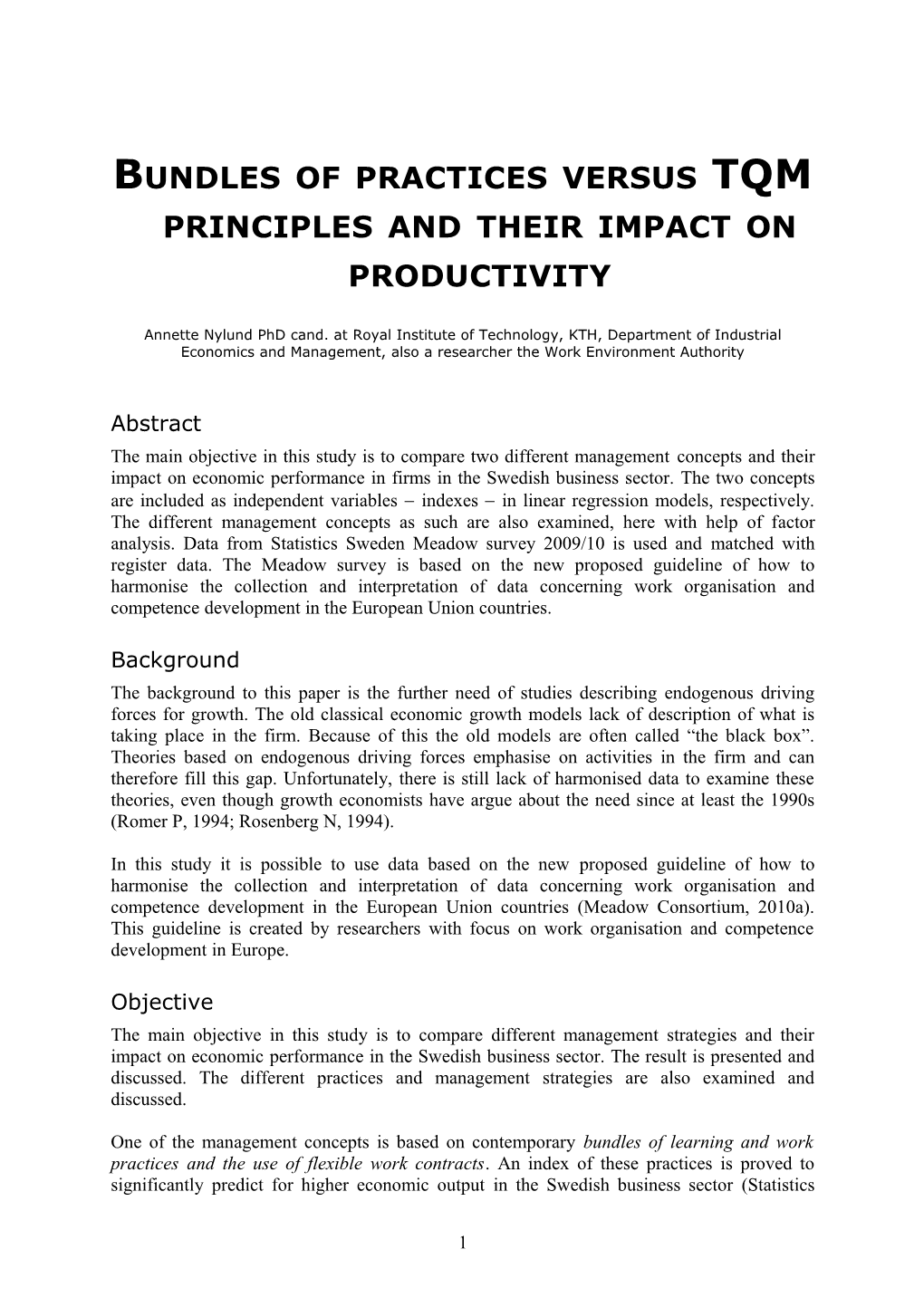 Bundles of Practices Versus TQM Principles and Their Impact on Productivity