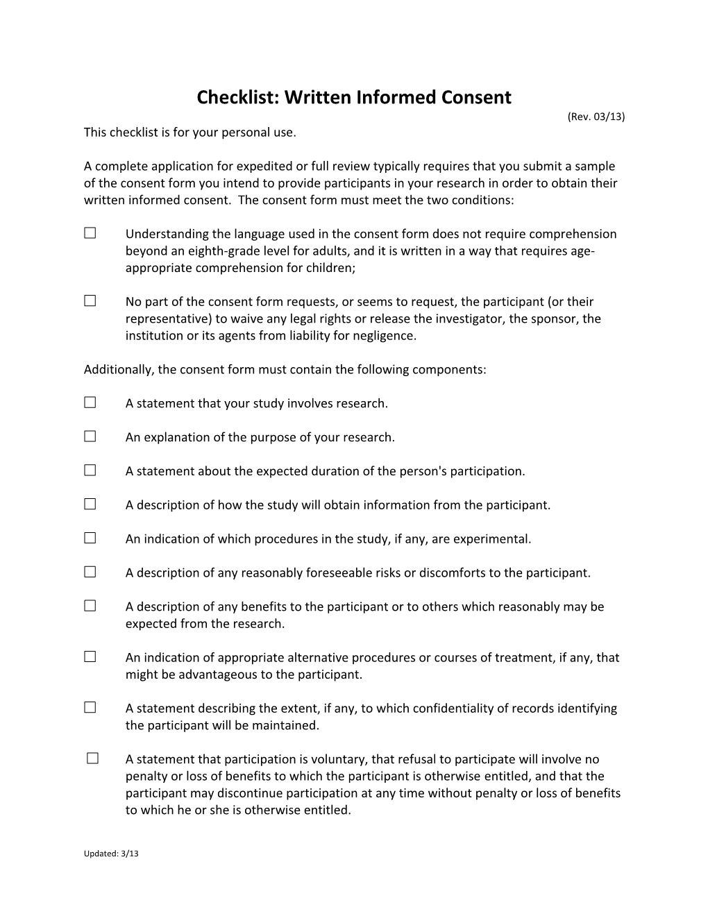 Checklist: Written Informed Consent