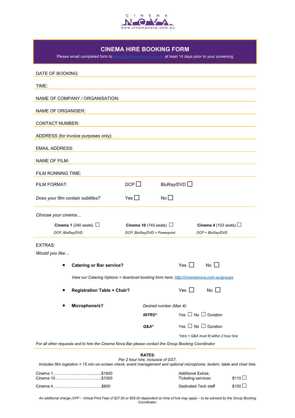 Cinema Hire Booking Form