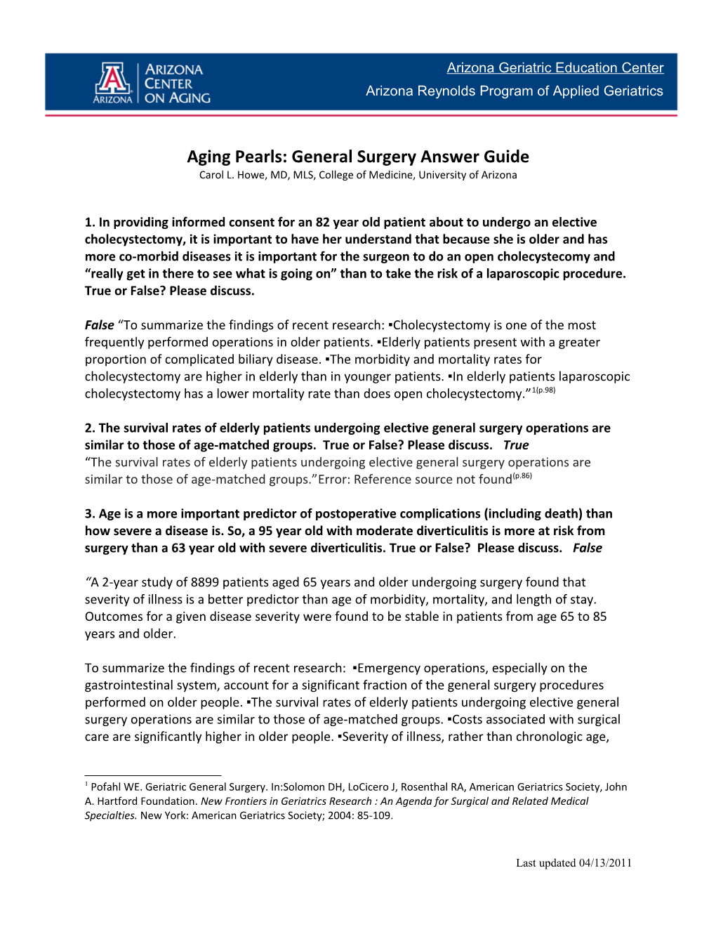 Aging Pearls: General Surgery Answer Guide