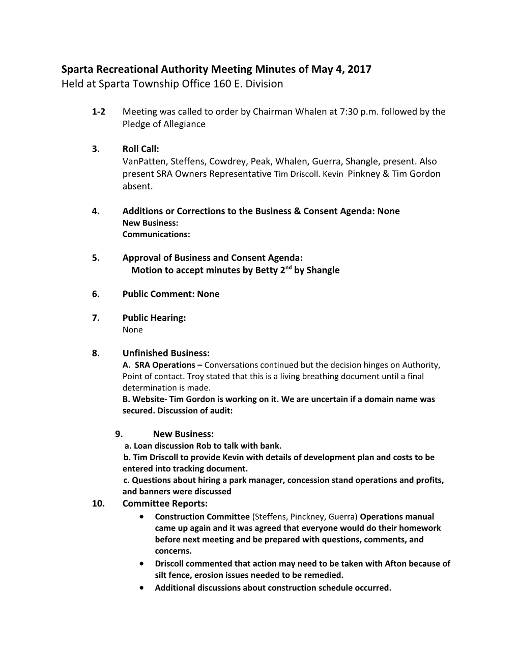 Sparta Recreational Authority Meeting Minutes of May 4, 2017