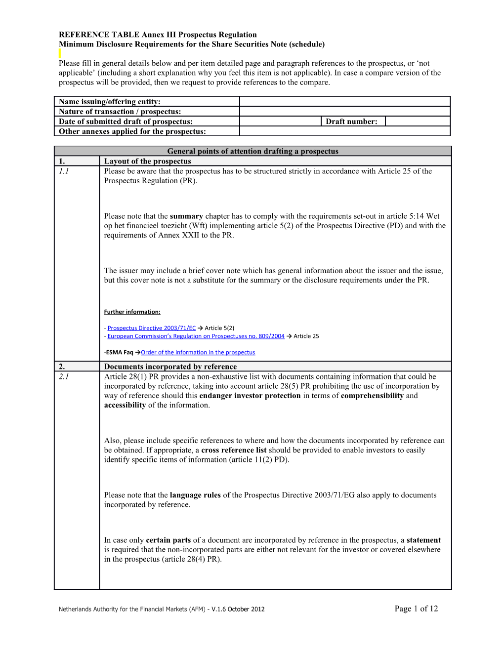 REFERENCE TABLE Annex III Prospectus Regulation