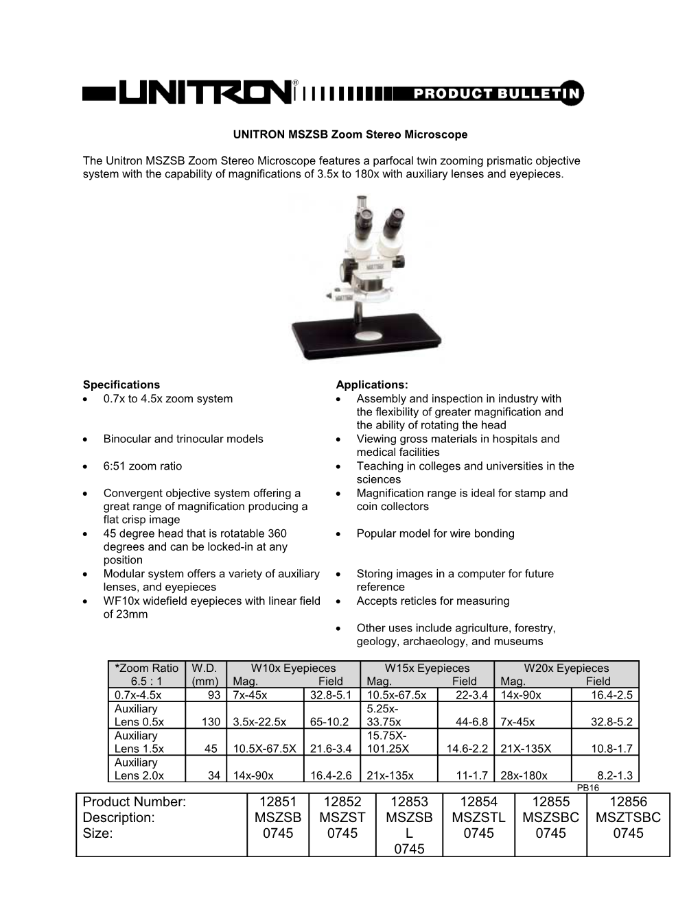 UNITRON MSZSB Zoom Stereo Microscope