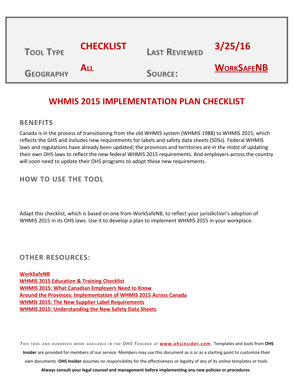 Whmis 2015 Implementationplan Checklist