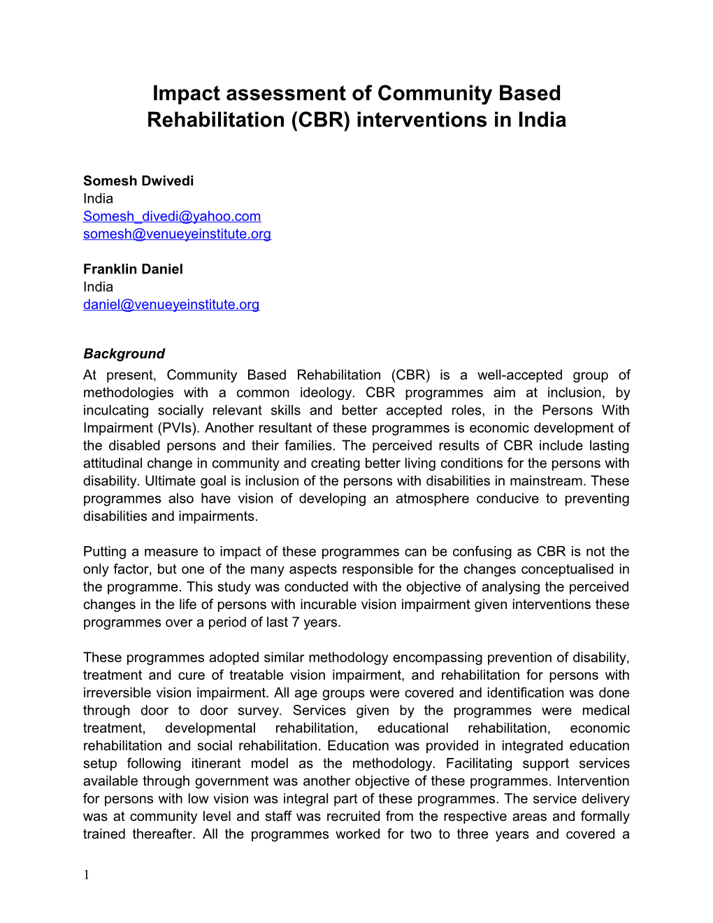 Impact Assessment of Community Based Rehabilitation (CBR) Interventions in India