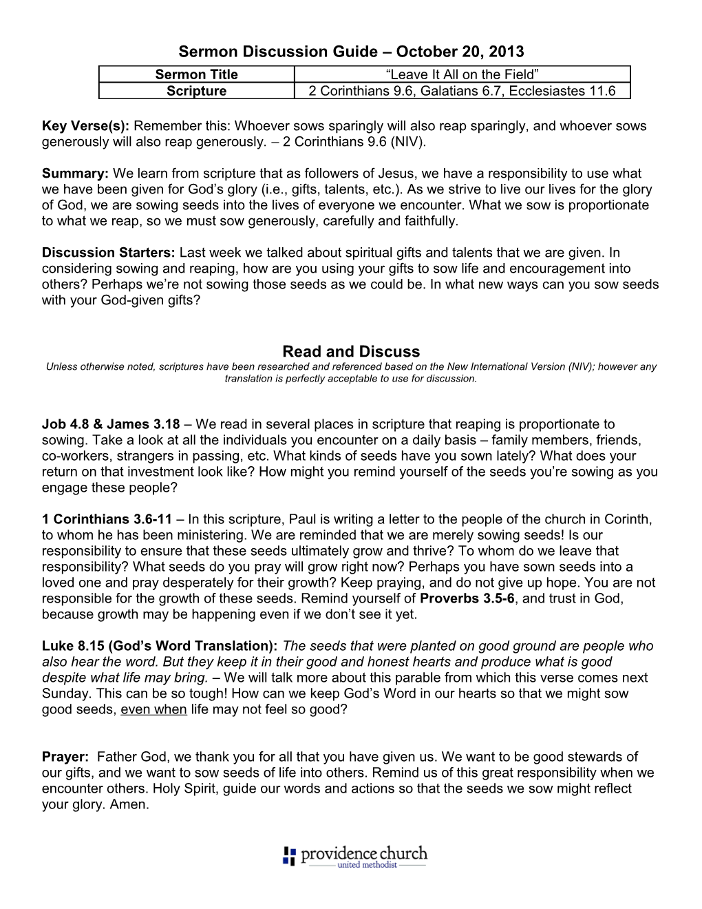 Sermon Discussion Guide October 20, 2013