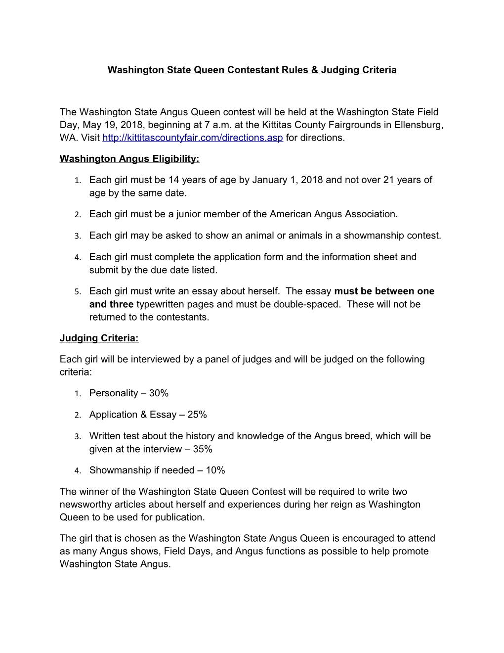 Washington State Queen Contestant Rules & Judging Criteria