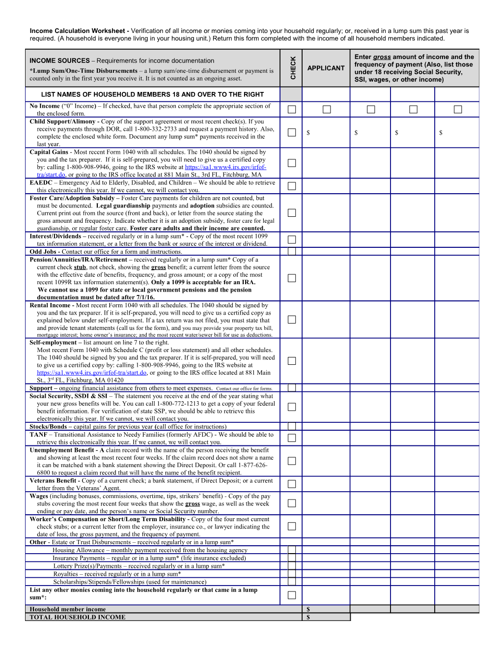 Income Calculation Worksheet - Verification of All Income Or Monies Coming Into Your Household