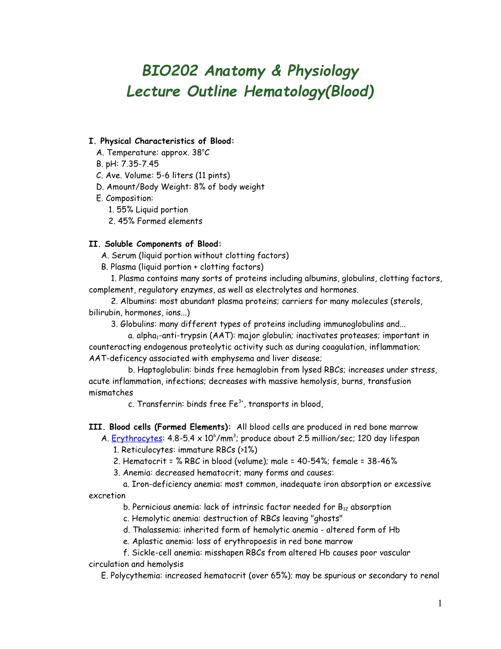 BIO202 Anatomy & Physiology Lecture Outline Hematology(Blood)