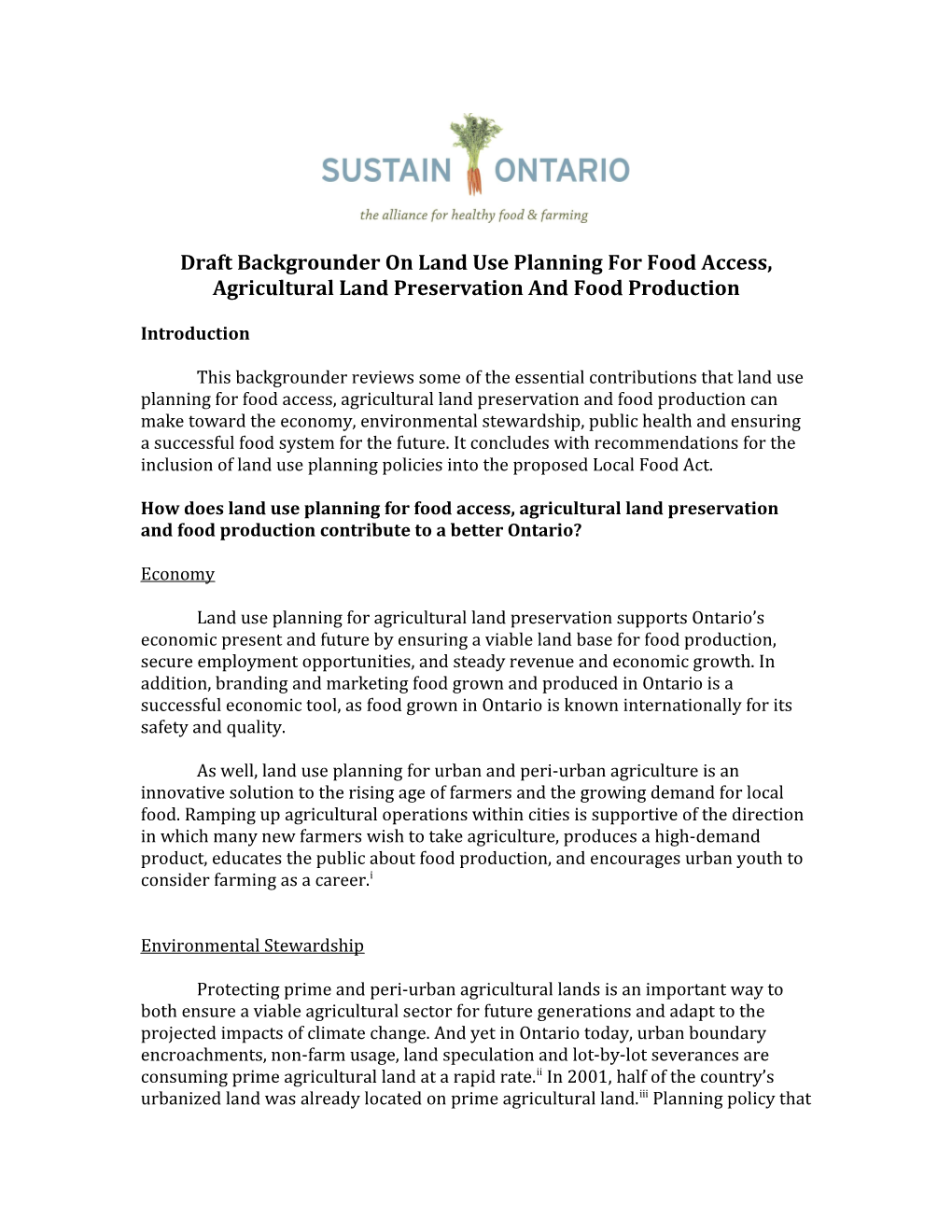 Draft Backgrounder on Land Use Planning for Food Access, Agricultural Land Preservation