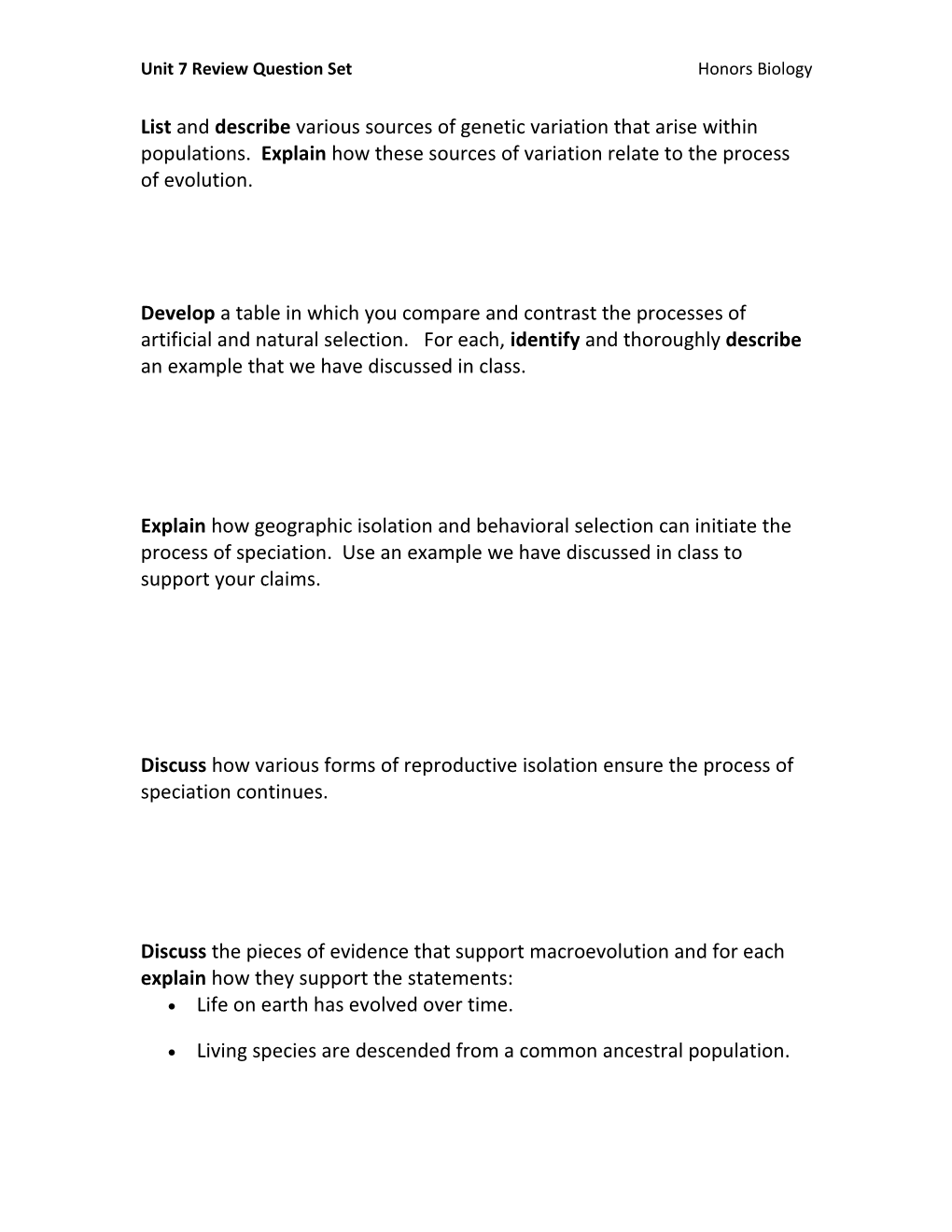 Unit 7 Review Question Set Honors Biology