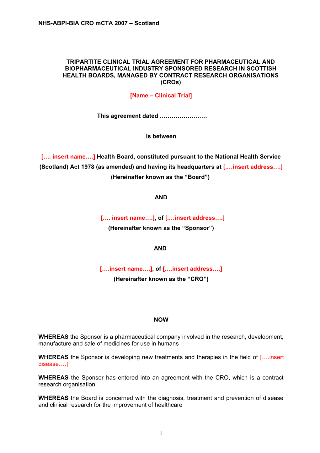 A Model Generic Clinic Trial Agreement