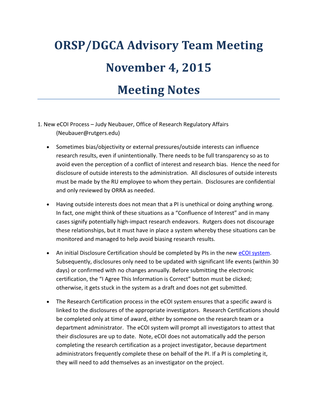 ORSP/DGCA Advisory Team Meeting