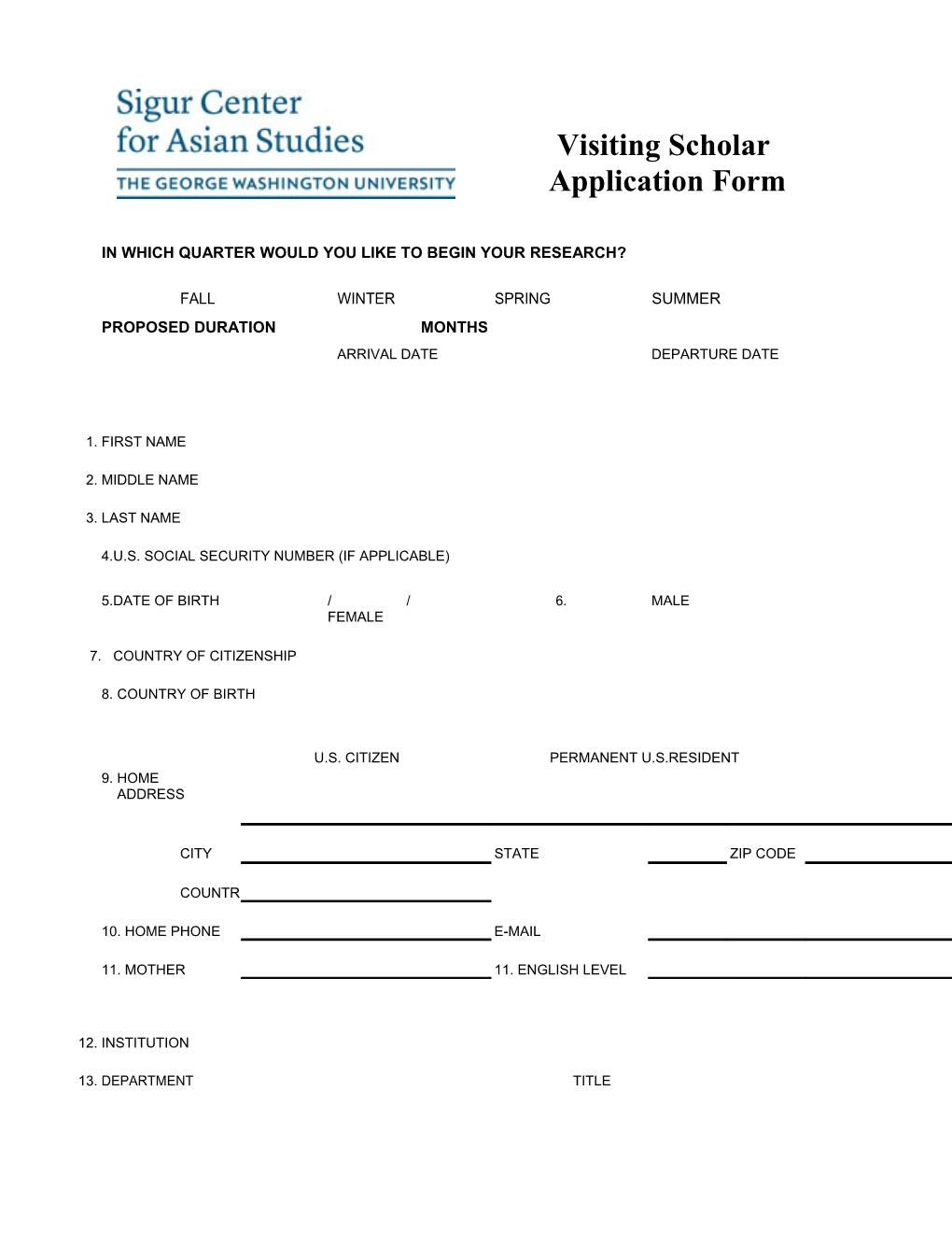 Visiting Scholar Application Form