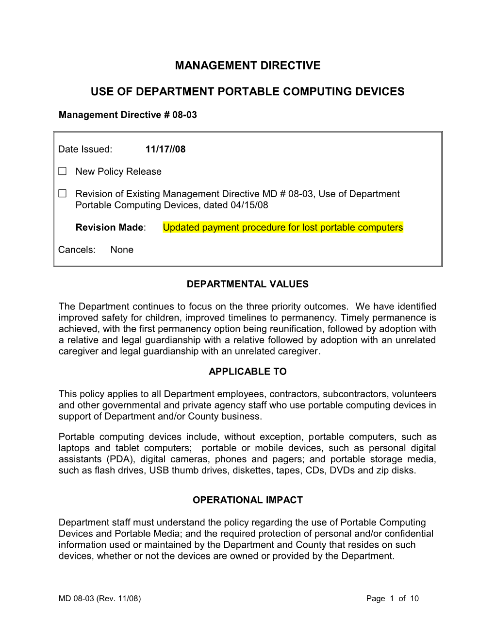 Use of Department Portable Computing Devices