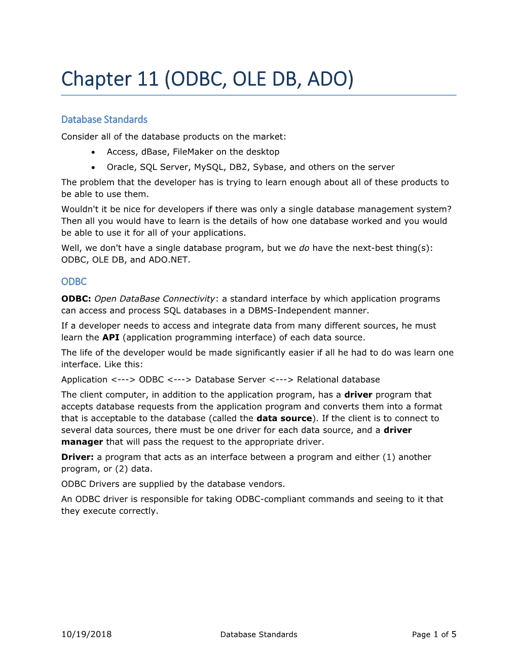 Chapter 11 (ODBC, OLE DB, ADO)