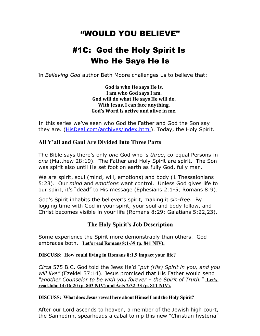 1C: God the Holy Spirit Is