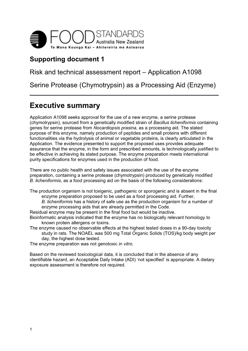 Risk and Technical Assessment Report Application A1098
