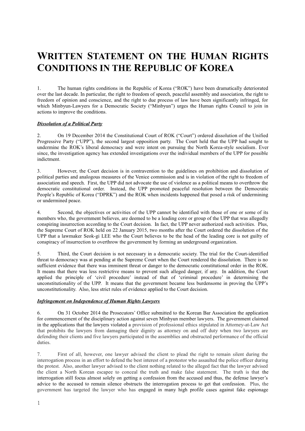 Written Statement on the Human Rights Conditions in the Republic of Korea