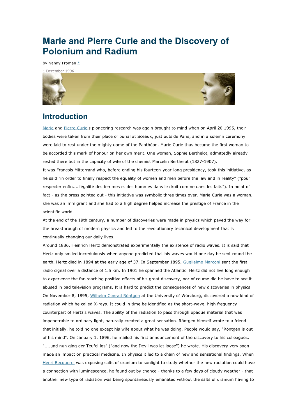 Marie and Pierre Curie and the Discovery of Polonium and Radium