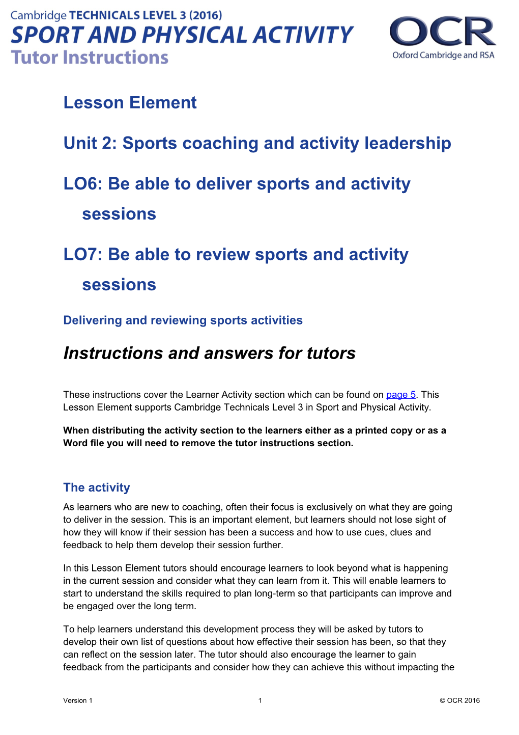 Cambridge Technicals Level 3 Sport and Physical Activity U02 Lesson Element 3