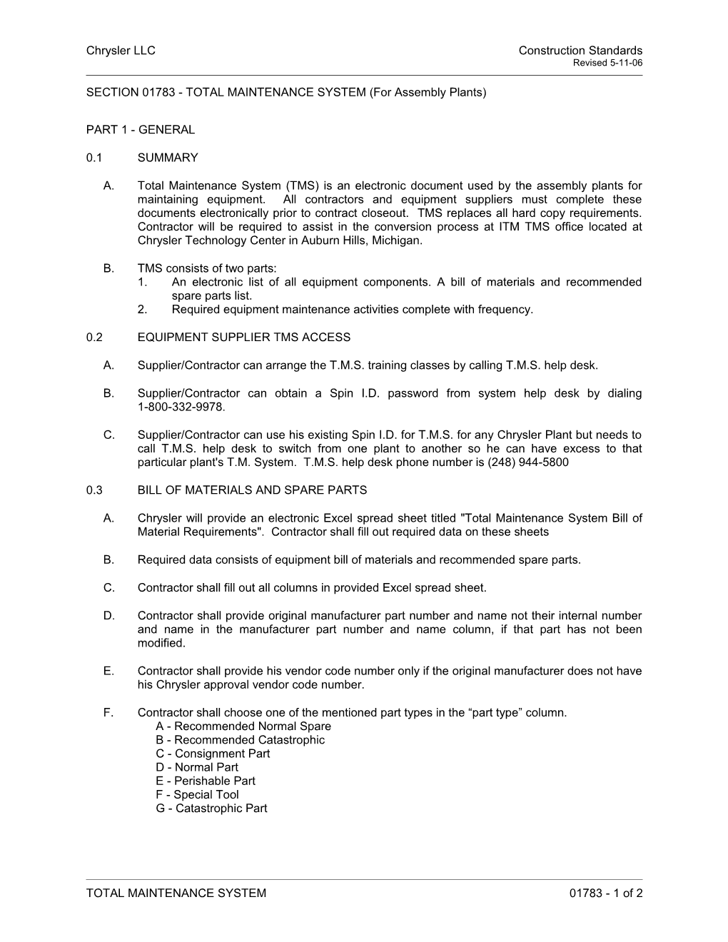 SECTION 01783 - TOTAL MAINTENANCE SYSTEM (For Assembly Plants)