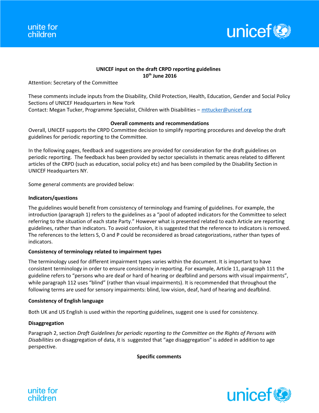 UNICEF Input on the Draft CRPD Reporting Guidelines