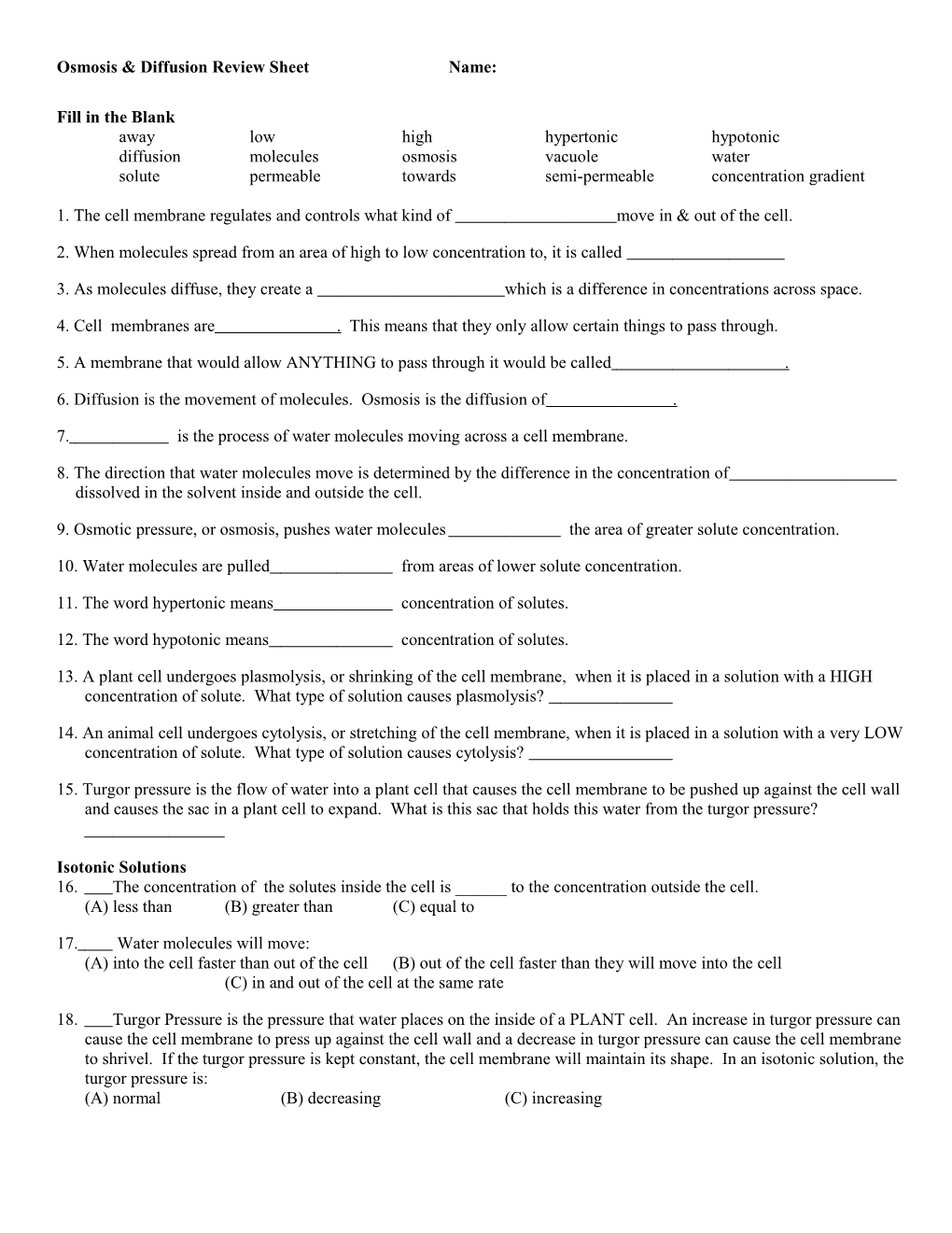 Osmosis & Diffusion Review Sheet