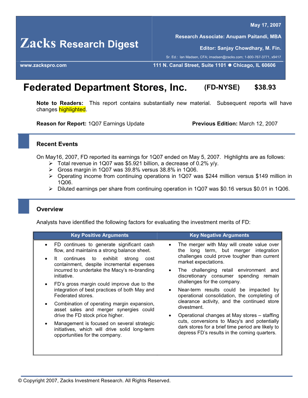 Reason for Report: 1Q07 Earnings Update Previous Edition: March12, 2007