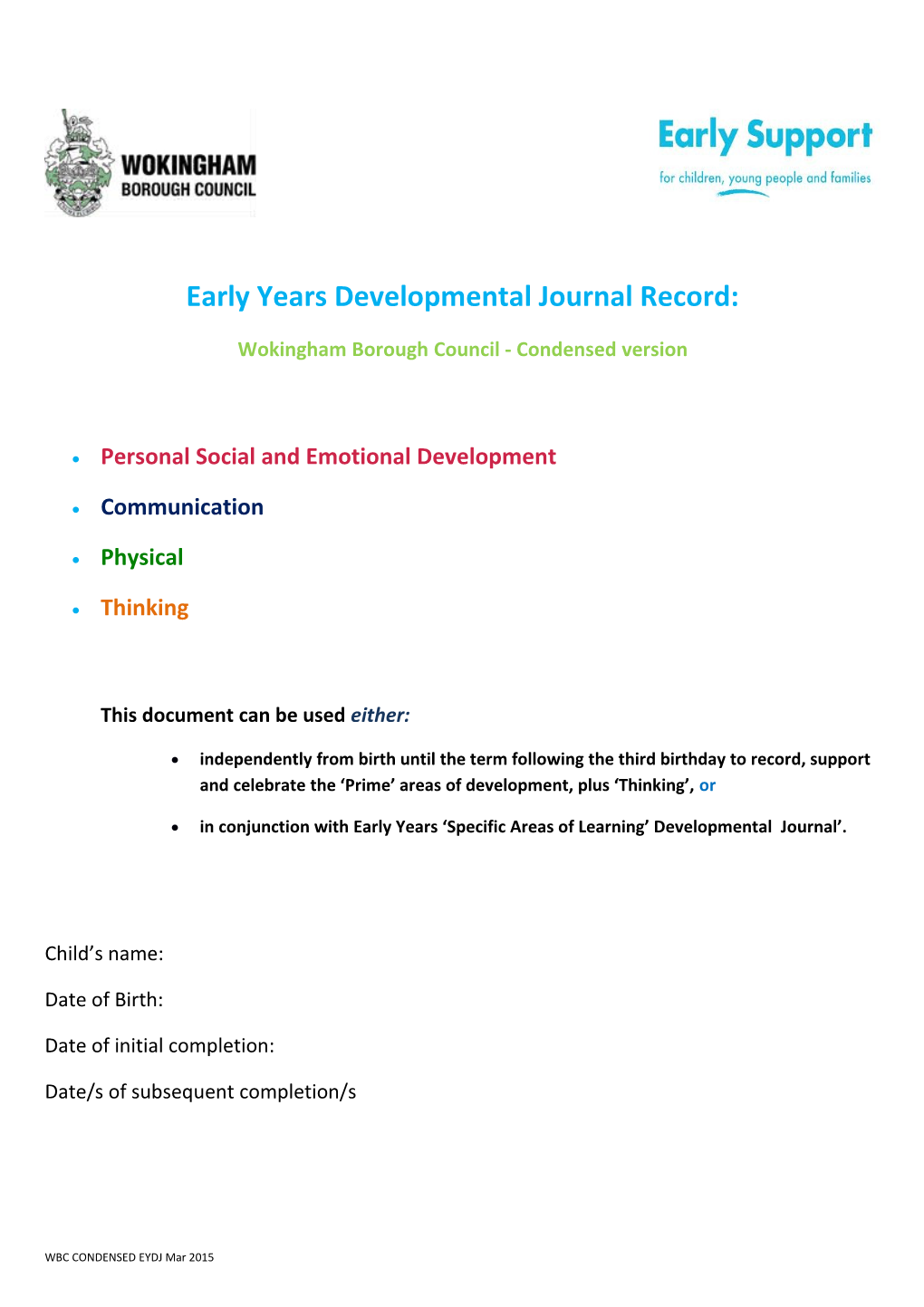 Early Years Developmental Journal Record