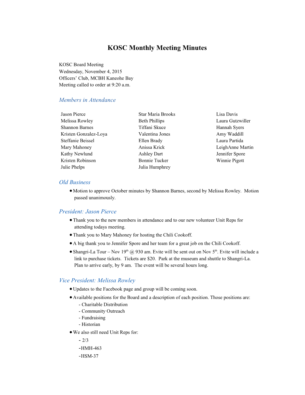 KOSC Monthly Meeting Minutes