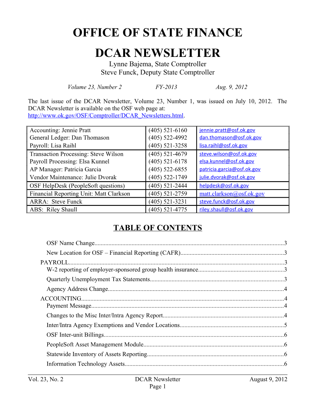 Office of State Finance DCAR Newsletter, Aug, 2012